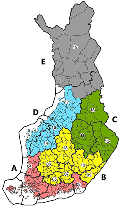 aluekohtaisen kalibroinnin mahdollistavissa tuoretiheysmalleissa (Mäk, Kuk, Kok) käytetty aluejako Suomen kartalla