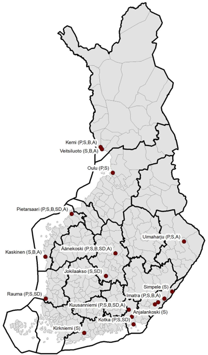 tutkimusaineiston maantieteellinen kattavuus tehdasvastaanottopaikoittain Suomen kartalla